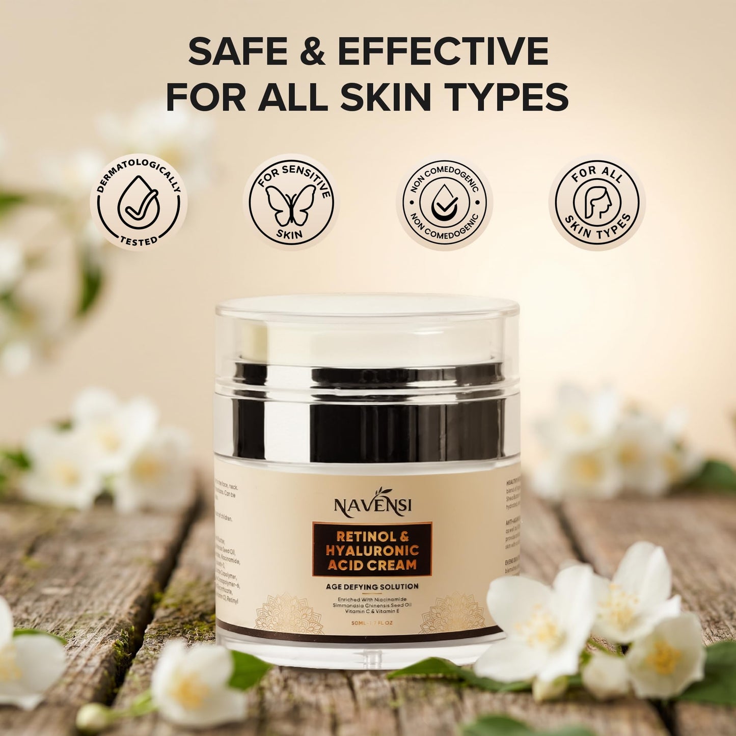 Navensi Retinol Face Cream 50ml | Anti Aging Moisturizer With Vitamin C, Hyaluronic Acid & Collagen | Reduces Wrinkles, Fine Lines & Dark Spots | Deep Hydrating & Firming Night Cream