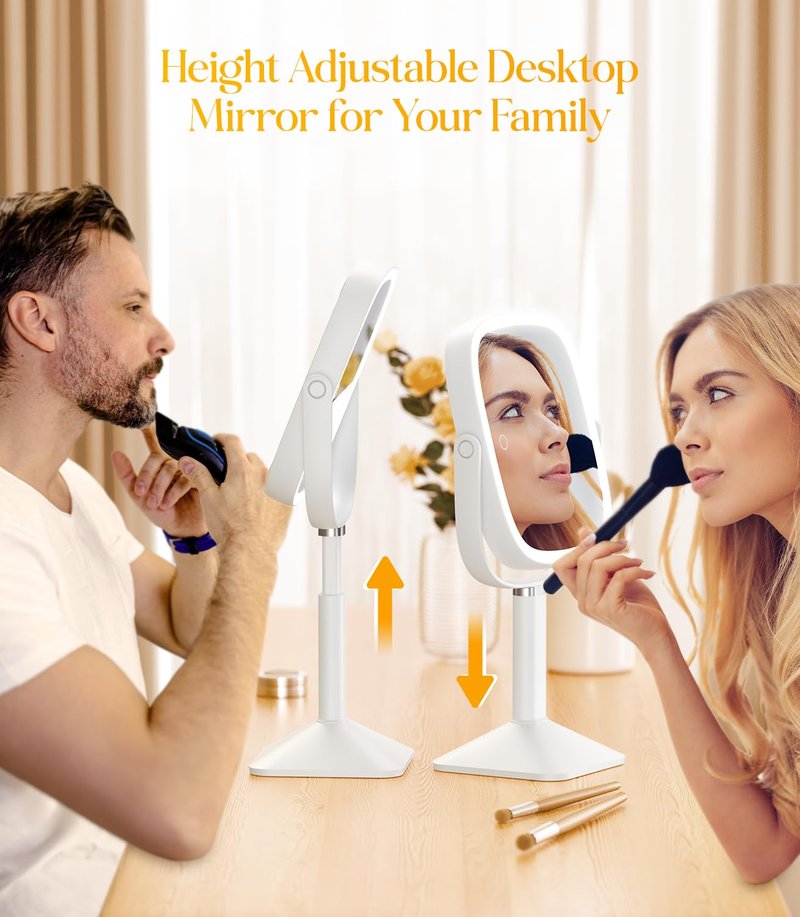 Lighted Makeup Mirror with 10X Magnification - Adjustable Height, 3 Color Modes, 4000mAh Battery | Large Surface for Bedroom or Bathroom - White
