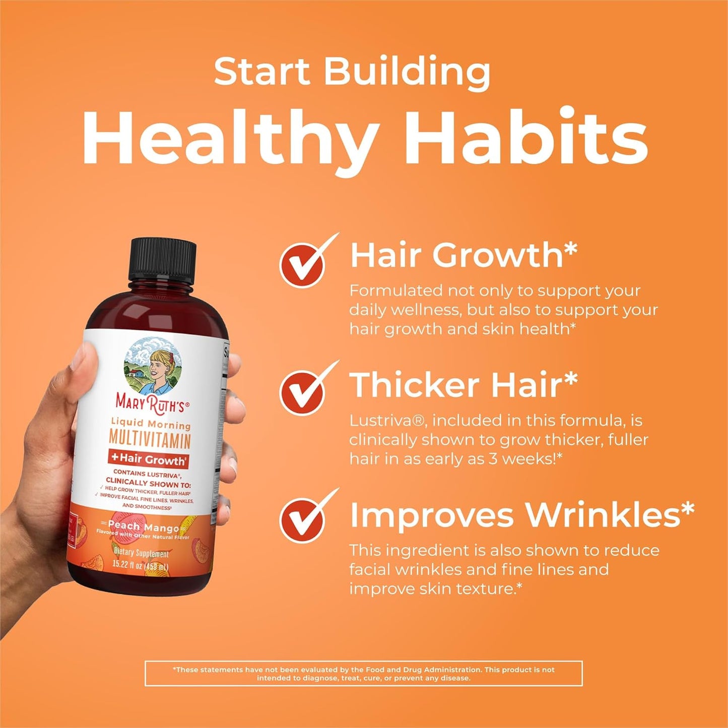 MaryRuth's Liquid Morning Multivitamin & Hair Growth Formula - Peach Mango, 15.22oz | Vegan, Non-GMO, Immunity Support