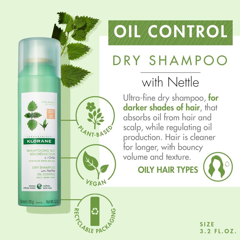 Klorane Dry Shampoo - Nettle Formula for Brunettes | Oily Hair & Scalp Control, Paraben & Sulfate-Free
