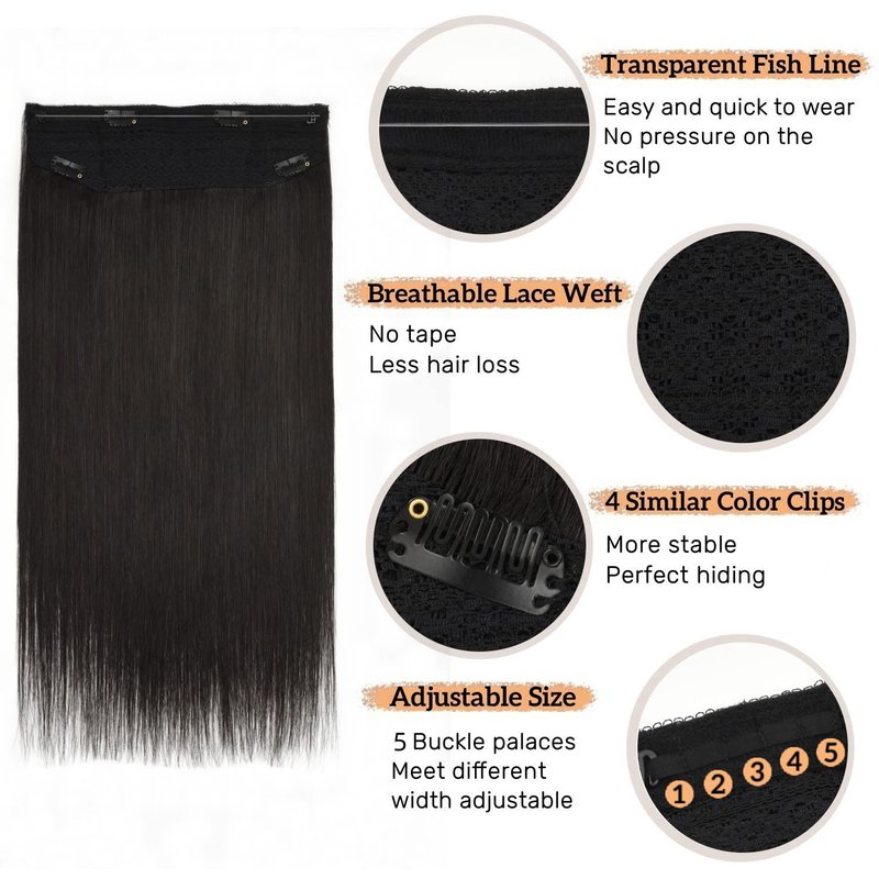 Invisible Fish Line Hair Extensions - 18 Inch Natural Black Human Hair Piece | 100g Lightweight Wire Extensions