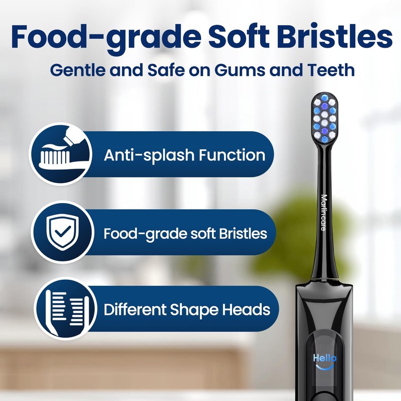 Marlincare Electric Toothbrush, Sonic Toothbrush for Adults Teens with Pressure Sensor, AI Zone Cleaning Tracking, 5 Modes & 3 Intensities, 180 Days Battery Life, 4 Brush Heads with Travel Case, Black