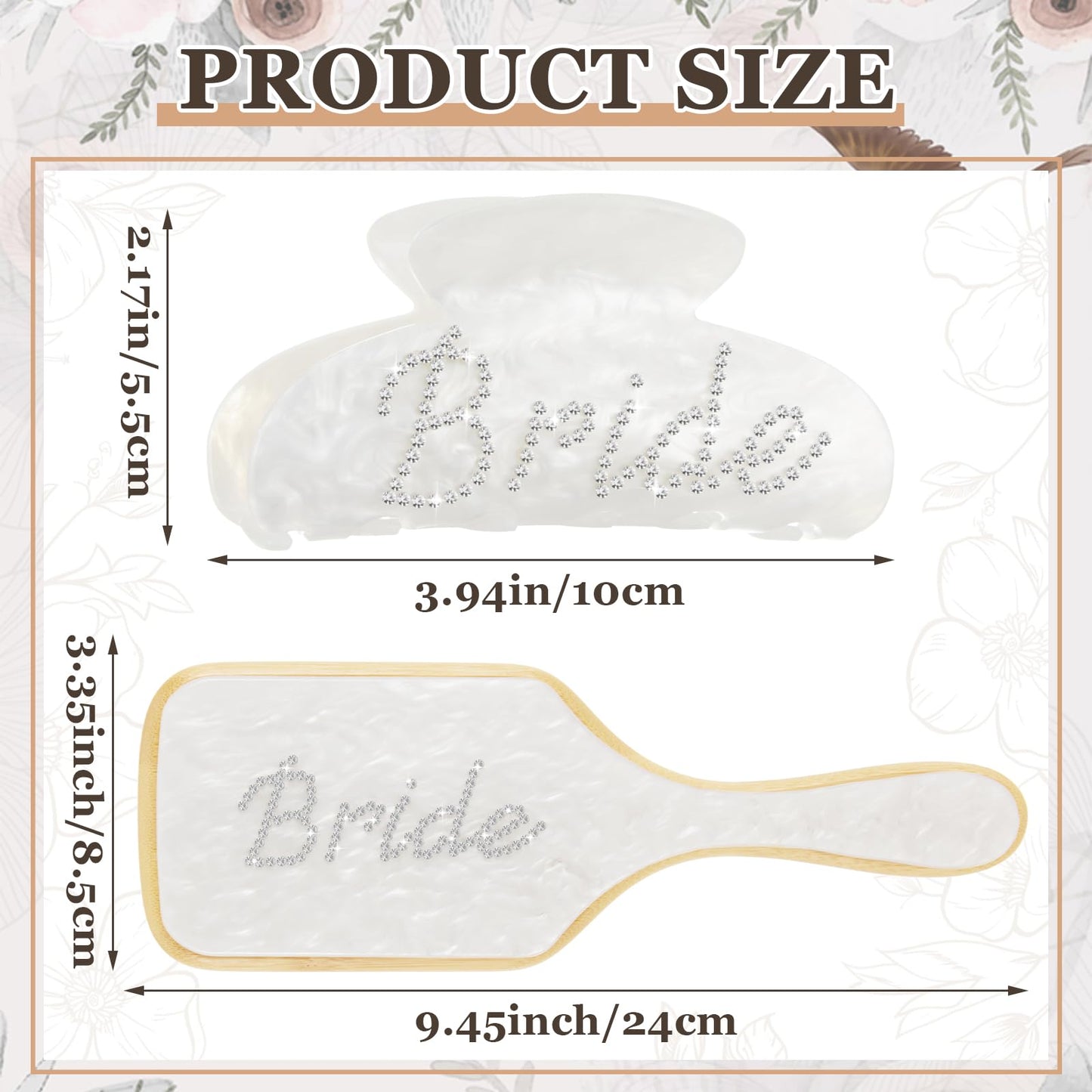 Vicenpal 2 Pcs Bride to Be Gift Set White Wooden Paddle Brush & Bridal Hair Claw Clip with Sparkling Rhinestone Bride Details Bridal Shower Gift for Bachelorette Party Wedding Accessories