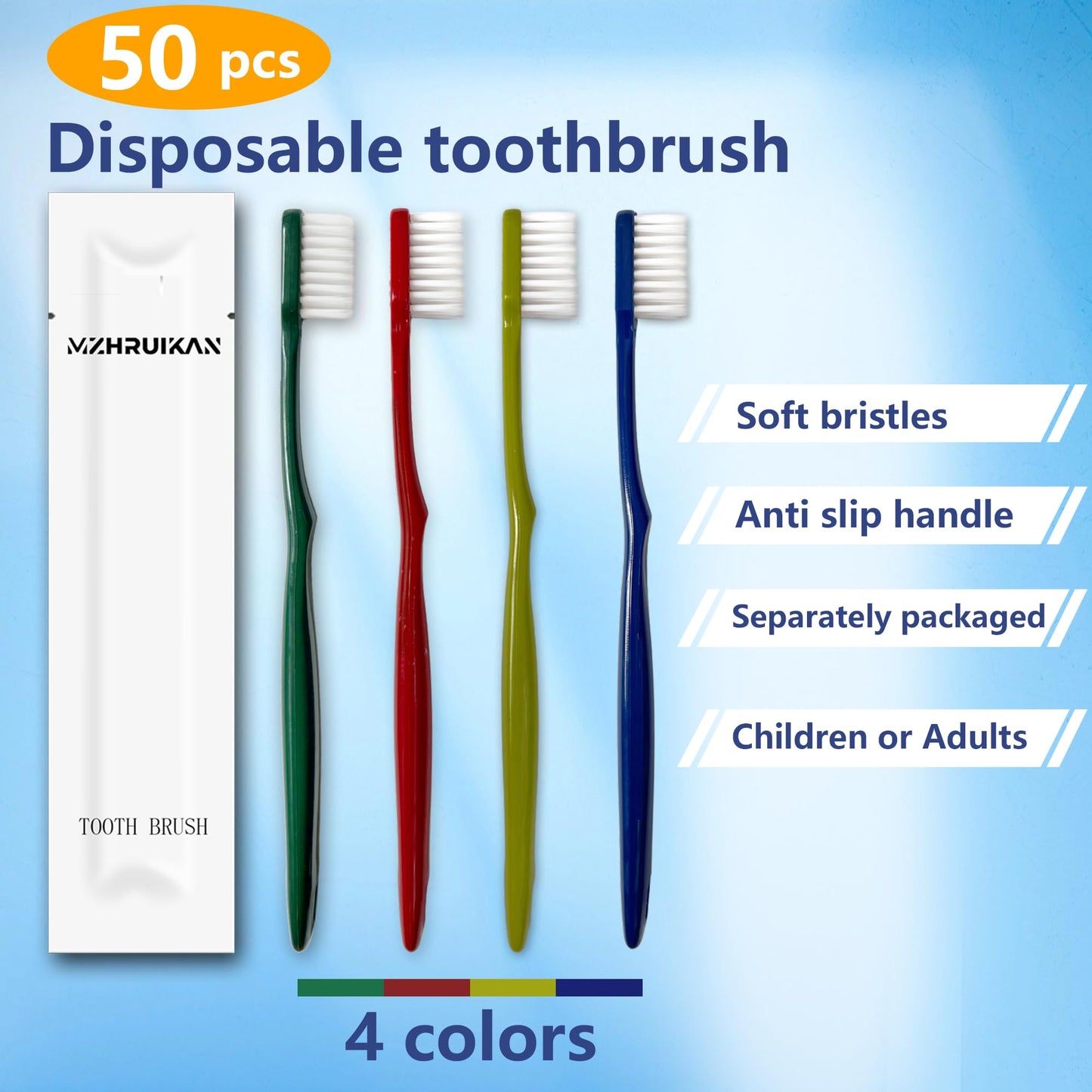 MZHRUIKAN 50 PCS Disposable Toothbrushes, Bulk Individually Wrapped Toothbrushes, Travel Toothbrush Pack, Ultra Soft Bristles & Non-Slip Handle, Perfect for Home, Travel, Hotel, Donation (50 Pieces)