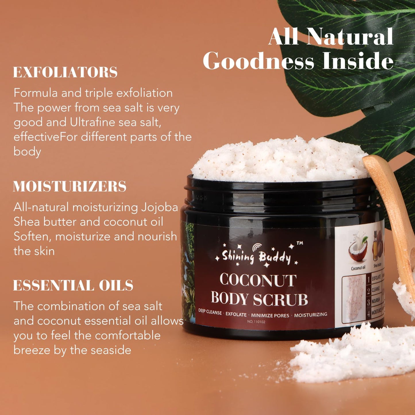 Shining Buddy Coconut Body Scrub Exfoliator with Natural Ingredients Exfoliating Body Scrub for Women，Pure Oils and Dead Sea Salt Minerals，Moisturizing and Nourishing Skin(16.9oz)