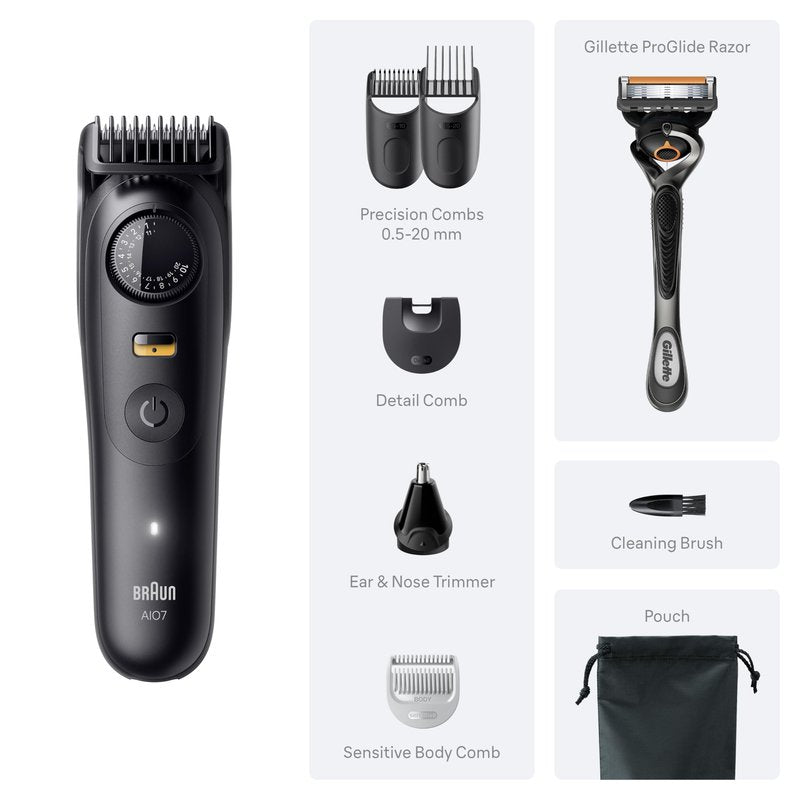 Braun Series 7 All-in-One Beard & Body Grooming Kit for Men, Cordless Trimmer, Hair Clippers & Shaver for Face, Hair & Body with Gillette ProGlide Razor, AIO 7530