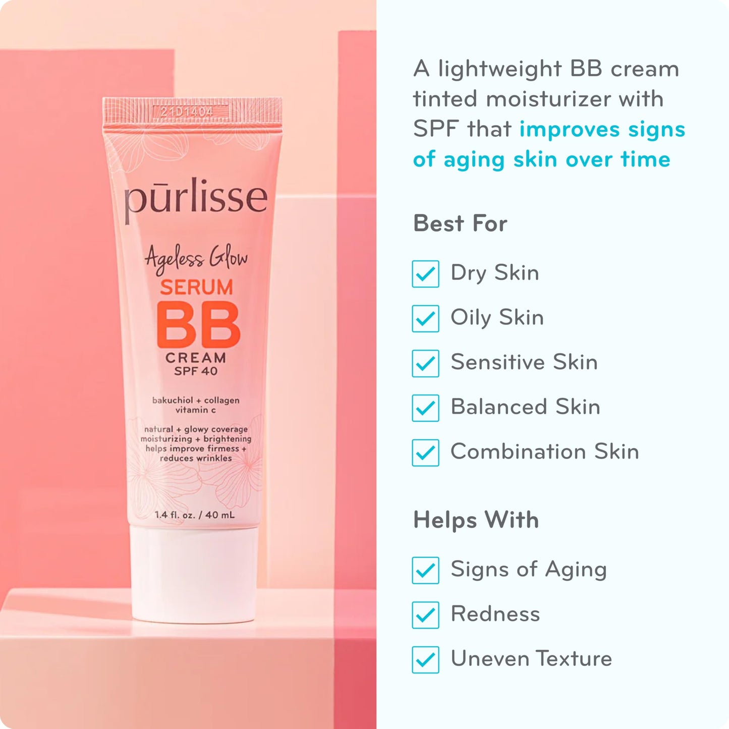 pūrlisse Ageless Glow Serum BB Cream SPF 40 - Glowy Tinted Moisturizer with SPF - Korean Skin Care Formula with Vitamin C & Bakuchiol to Firm, Brighten & Even Skin - Fair (1.4 oz)