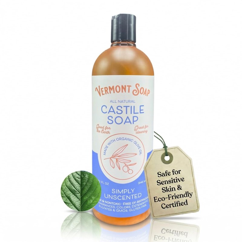 Vermont Castile Unscented Gentle Liquid Soap for Sensitive Skin, Natural Body Wash, Organic Hair Shampoo for Oily Hair, Aloe for Men & Women - 33.8 Oz