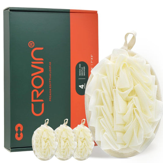 CROVIN Shower Puff 4 Pack Bath Sponge Shower Loofahs Pouf Large 7x5 Premium Exfoliating Mesh Puffs for Women and Men-Elastic Hand Strap Body Brush to Soothe, Cleanse Your Skin