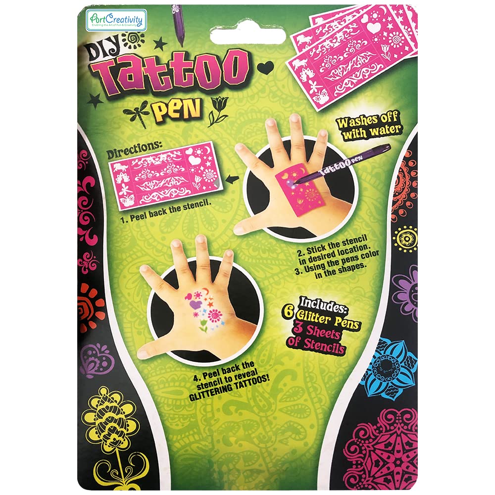 ArtCreativity Shimmery Temporary Tattoo Pens for Kids, 4 Pack, Each Pack with 6 Tattoo Markers & 3 Stencil Stickers, Washable Tattoo Body Ink, Sparkle Girls Fashion Activity, Sparkly Tats Body Art Set