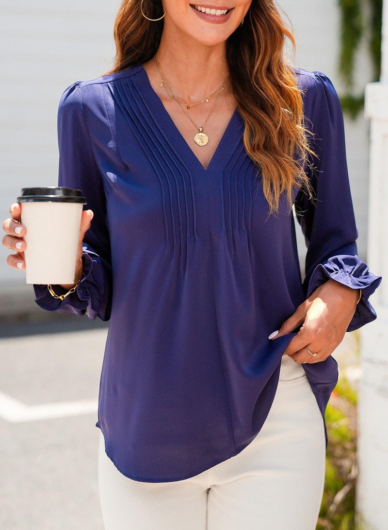 Dokotoo Womens Tops Casual Pleated V Neck Puff Long Sleeve T Shirts Loose Tunic Business Blouse