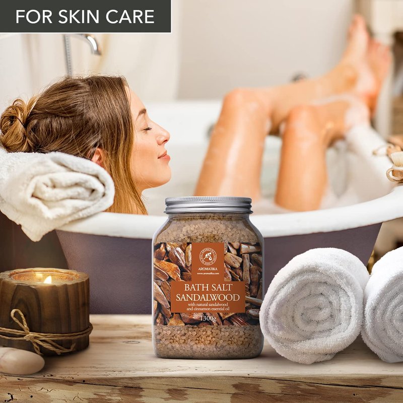 Bath Sea Salt Sandalwood 46 Oz (1300g) - Bath Salts with Sandalwood & Cinnamon Essential Oil for Bath Soak - Relaxing Bath - Muscle Relaxation - Aromatherapy Bath Salts - Sea Salt Bath
