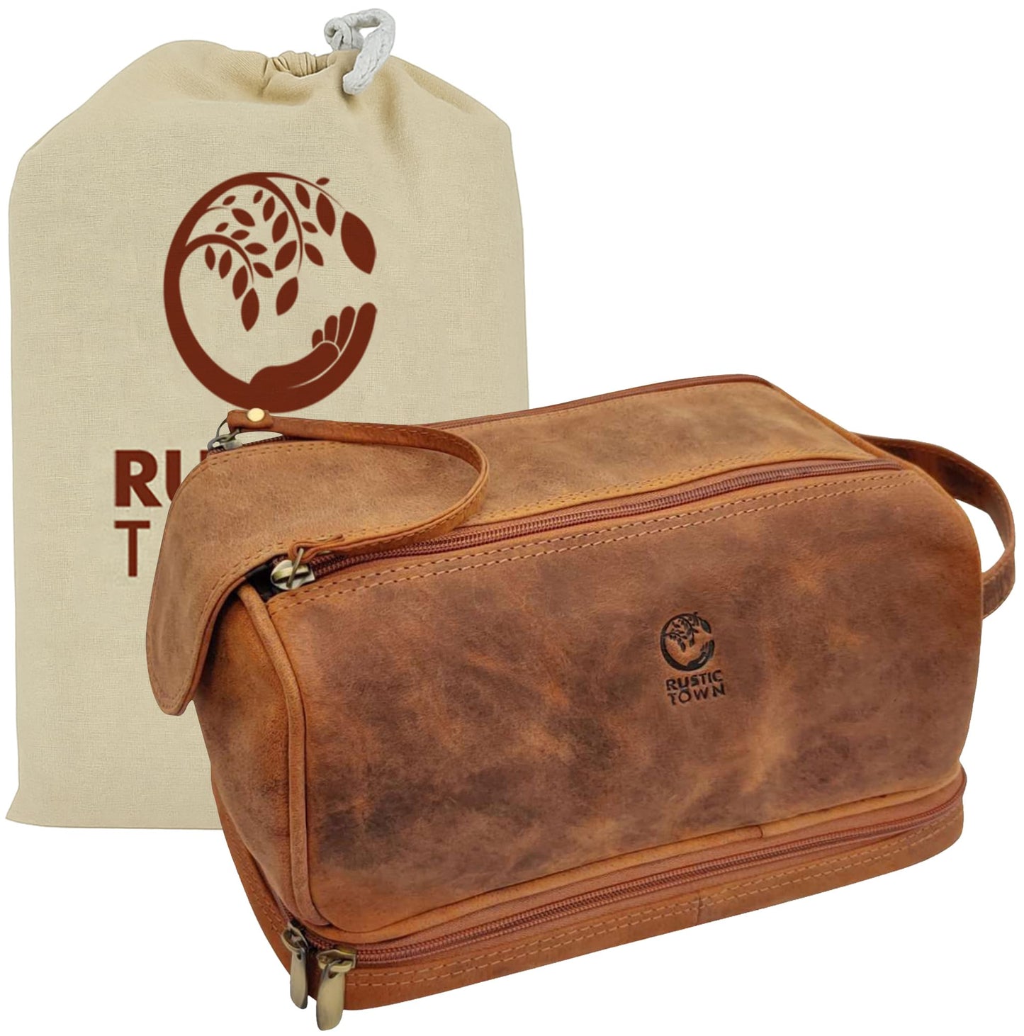 RusticTown Leather Toiletry Bag for Men - Travel Shaving Dopp Kit - Bathroom Shower Toiletries Organizer - Cosmetic Make up Bag for Women, Cognac, M, Mens Travel Toiletry Kit Bag, Cognac, M, Mens