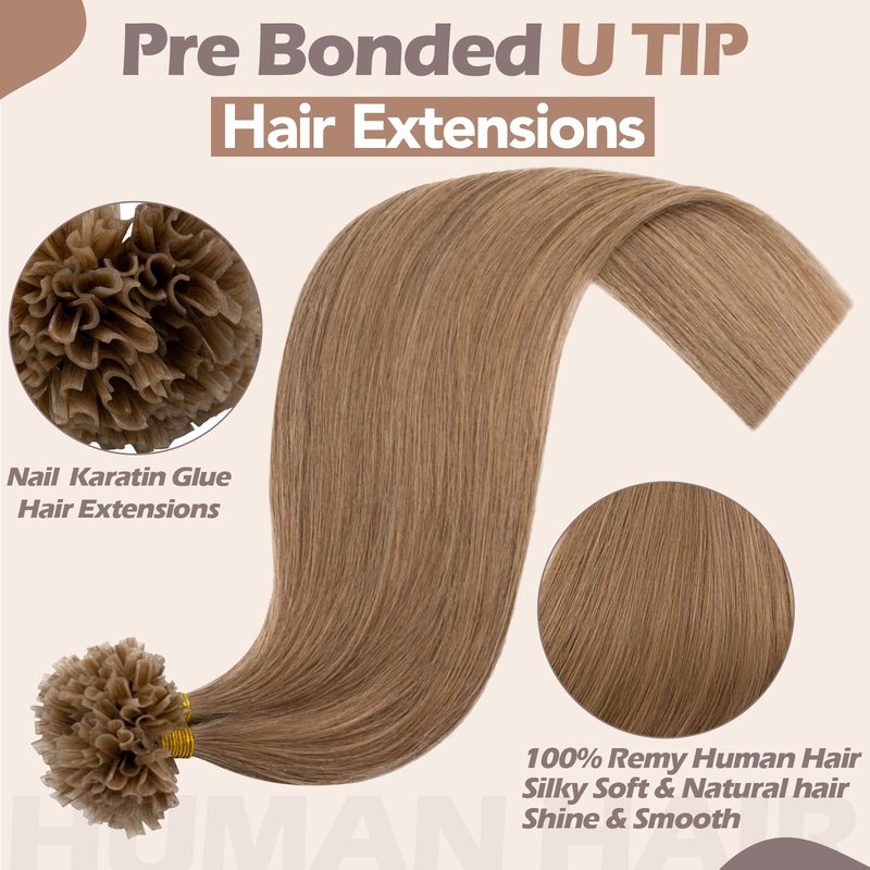 U Tip Human Hair Extensions Pre Bonded Nail Tipped Real Human Hair Piece Italian Keratin U Tip Fusion Extensions Silky Straight 100 Strands 16"-50g (#12 Golden Brown)
