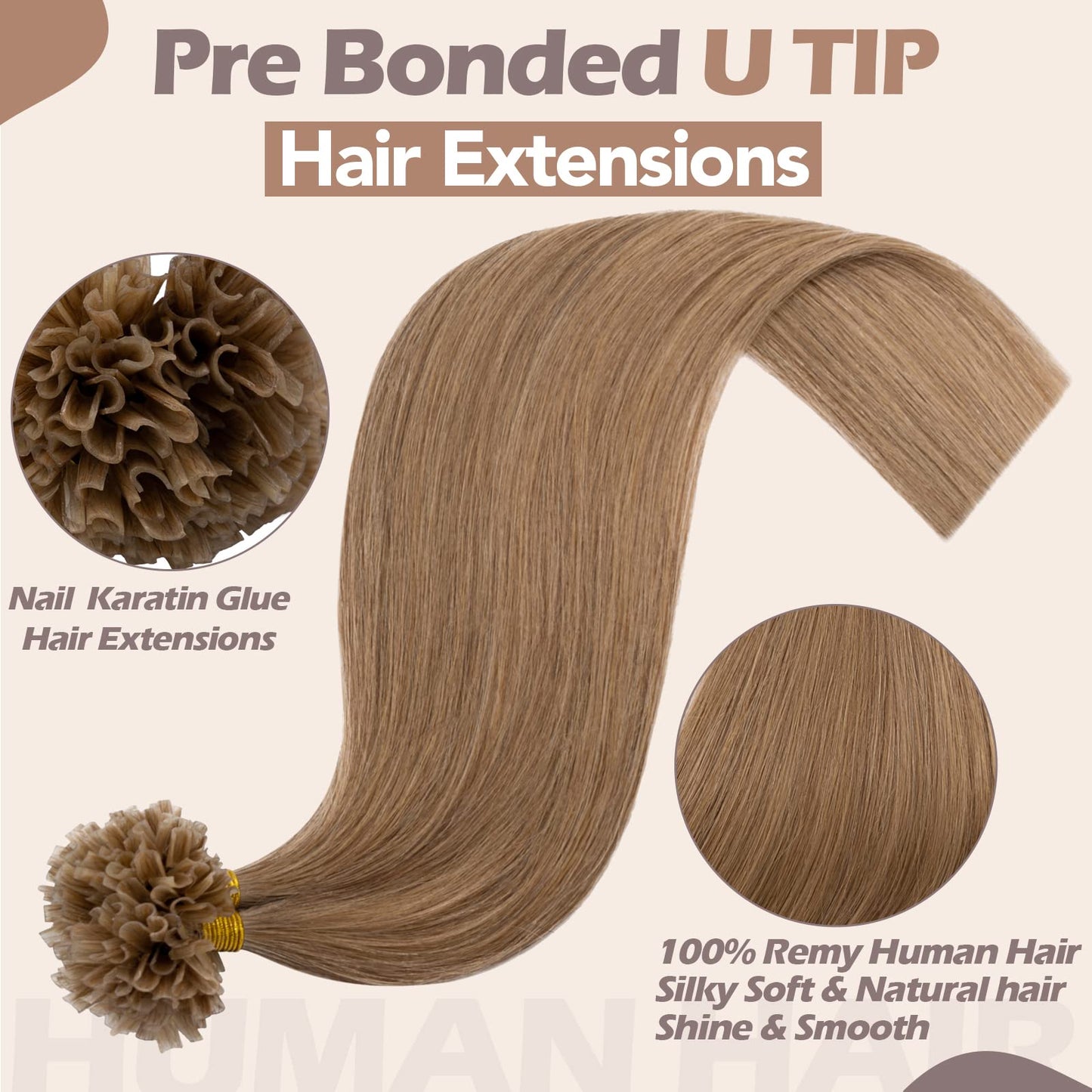 U Tip Human Hair Extensions Pre Bonded Nail Tipped Real Human Hair Piece Italian Keratin U Tip Fusion Extensions Silky Straight 100 Strands 16"-50g (#12 Golden Brown)