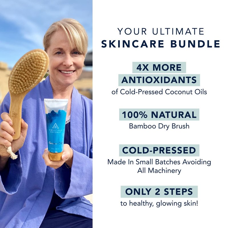 Travel Dry Brush Gift Set Bundle, Certified Organic Coconut Oil Travel Tube, Sustainable Bamboo Body Scrub Brush, Bundle for Skin Care, Great Gift, Exfoliation - Conscious Coconut