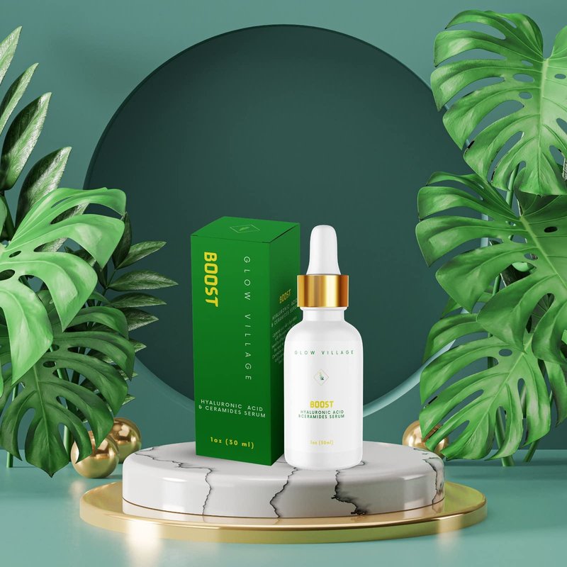 Glow Village Boost Hyaluronic Acid and Ceramides Serum | Non-Oily, Vegan, Lightweight | Moisture boosting, Barrier protecting, Daily and Nightly use, effective for All Skin Types | 1 oz