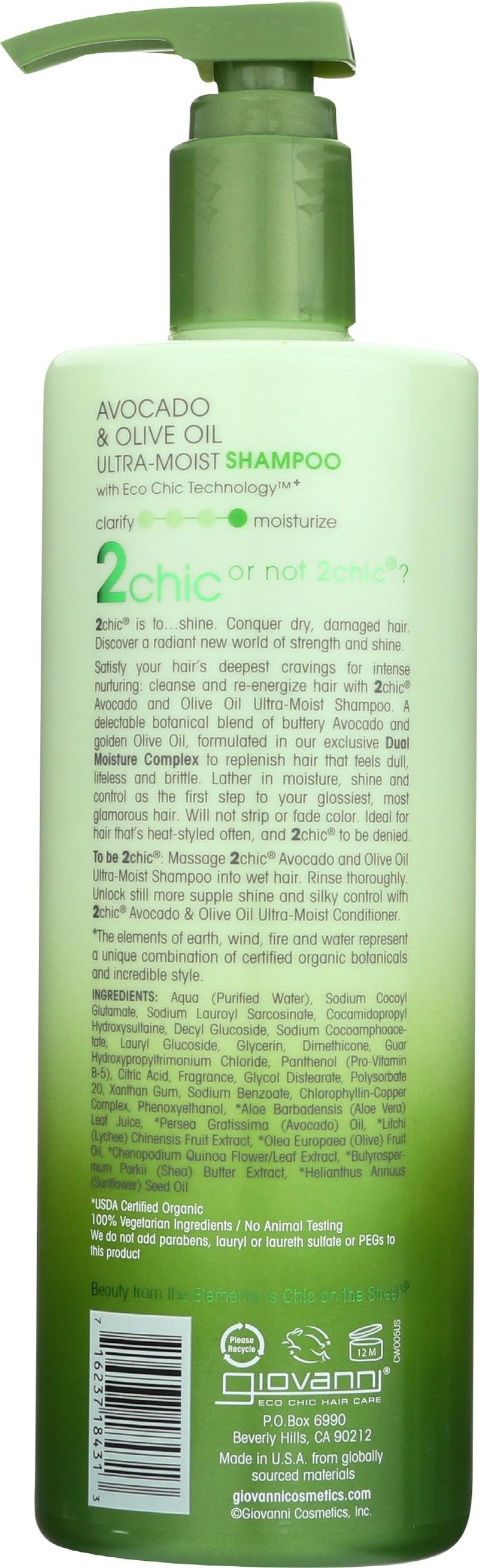 GIOVANNI 2chic Ultra-Moist Shampoo - Avocado & Olive Oil, Creamy Hydration Formula, Enriched with Aloe Vera, Shea Butter, Botanical Extracts, No Parabens, Color Safe - 24 oz