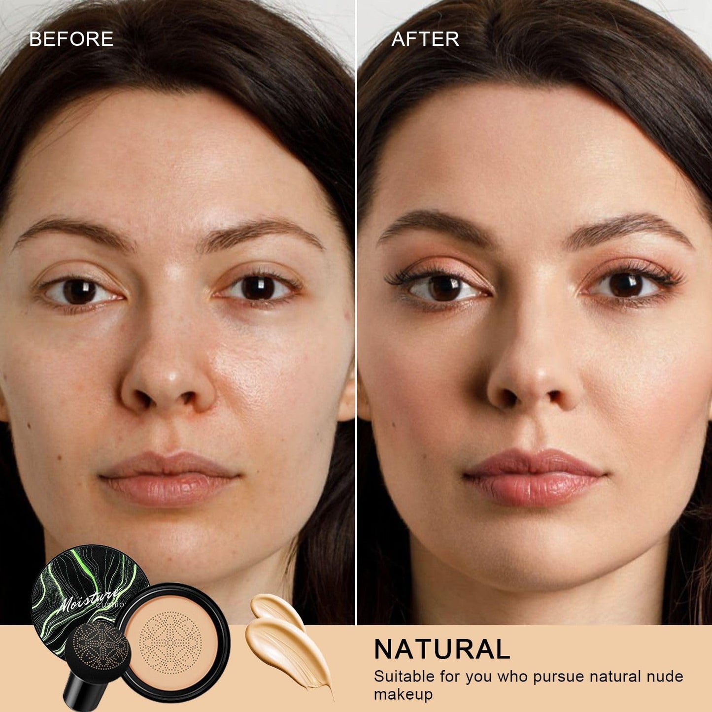 Air Cushion CC Cream Mushroom Head Foundation, Moisturizing BB Cream Concealer, Long-Lasting & Waterproof Makeup Base Primer, Even Skin Tone for All Skin Types (Natural)