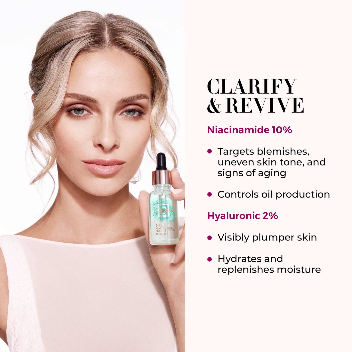 LUMINESS Blemish Prone Airbrush Skincare, Clarify & Revive - Includes Breeze Airbrush Device, Hyaluronic 2%, & Niacinamide 10% Facial Serums - Restore Skins Moisture and Targets Blemishes & Pores