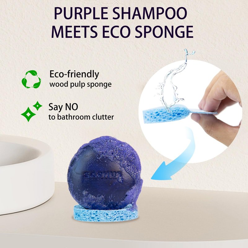 SAPHUS Sulfate Free Brass Toning Purple Shampoo Bar for Blonde, Bleached, Silver, or Brown Highlighted Hair, Travel Friendly, with Tin Container +Sponge