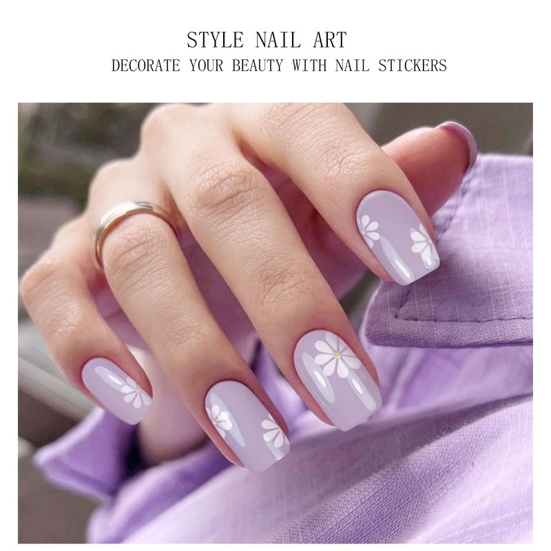 JMEOWIO Gel Nail Stickers White Flower Light Purple Semi Cured Gel Nail Strips Wraps UV/LED Nails Art Design Decoration Accessories