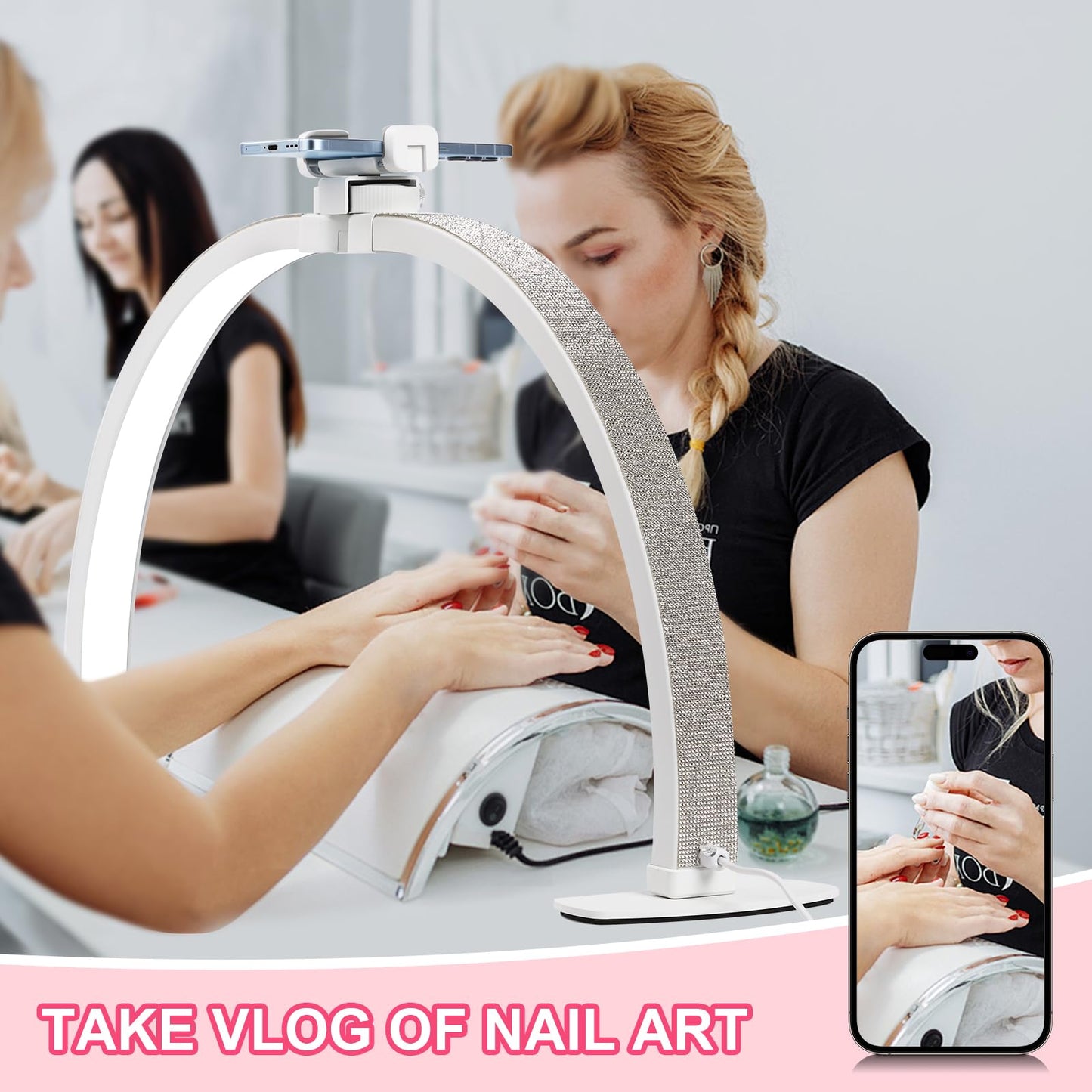 JIUYONG Upgraded Half Moon Light with Phone Holder, 29in Foldable Half Moon Light for Nail Desk, Nail Table Lamp with Stepless Dimming & Color Temperature (Large-29In)
