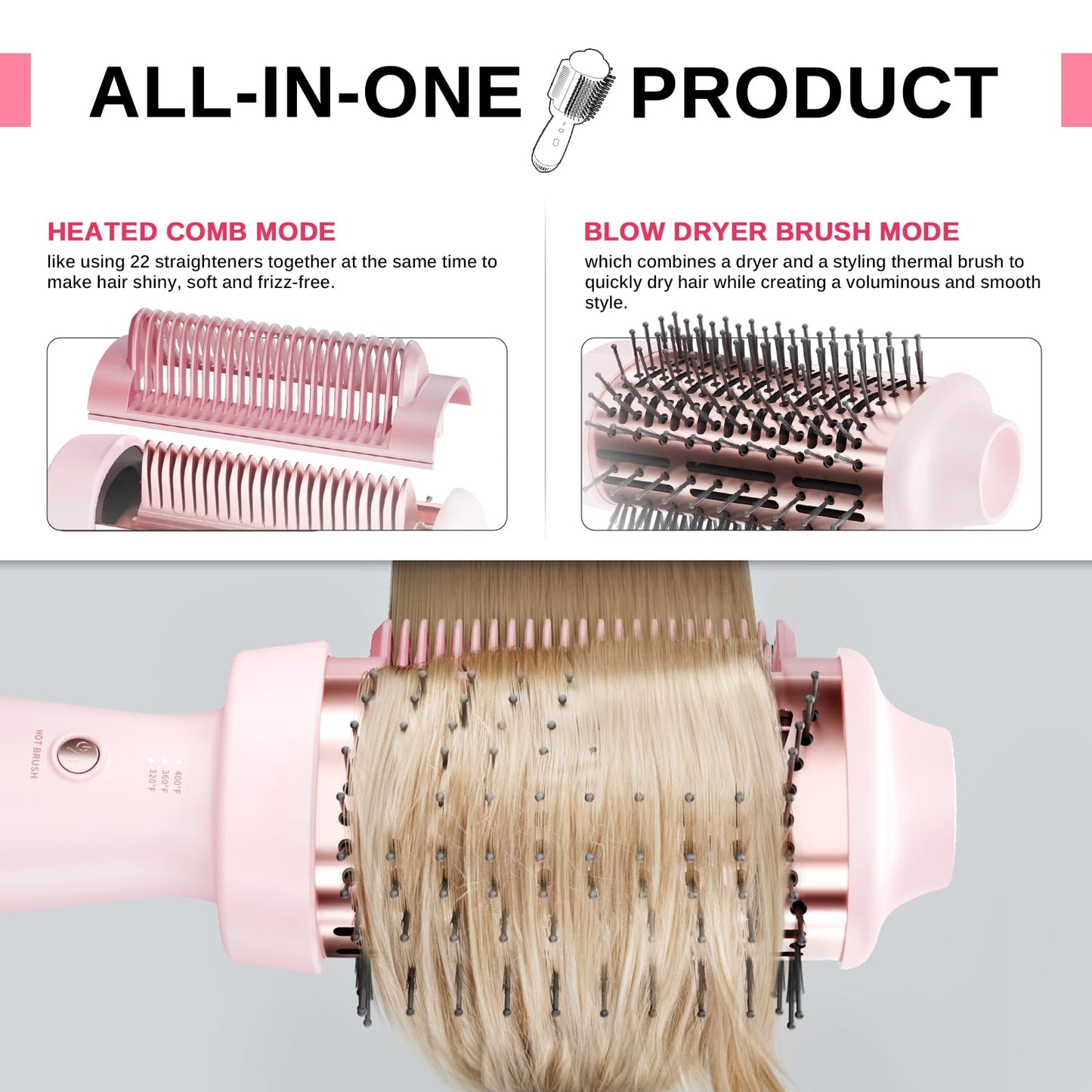 4-in-1 Blow Dryer Brush & Hair Straightener - NOVUS Ionic Hot Air Styler with Titanium Barrel, Volumizer for Frizz-Free Smoothing, Blowout Tool for All Hair Types (Pink)