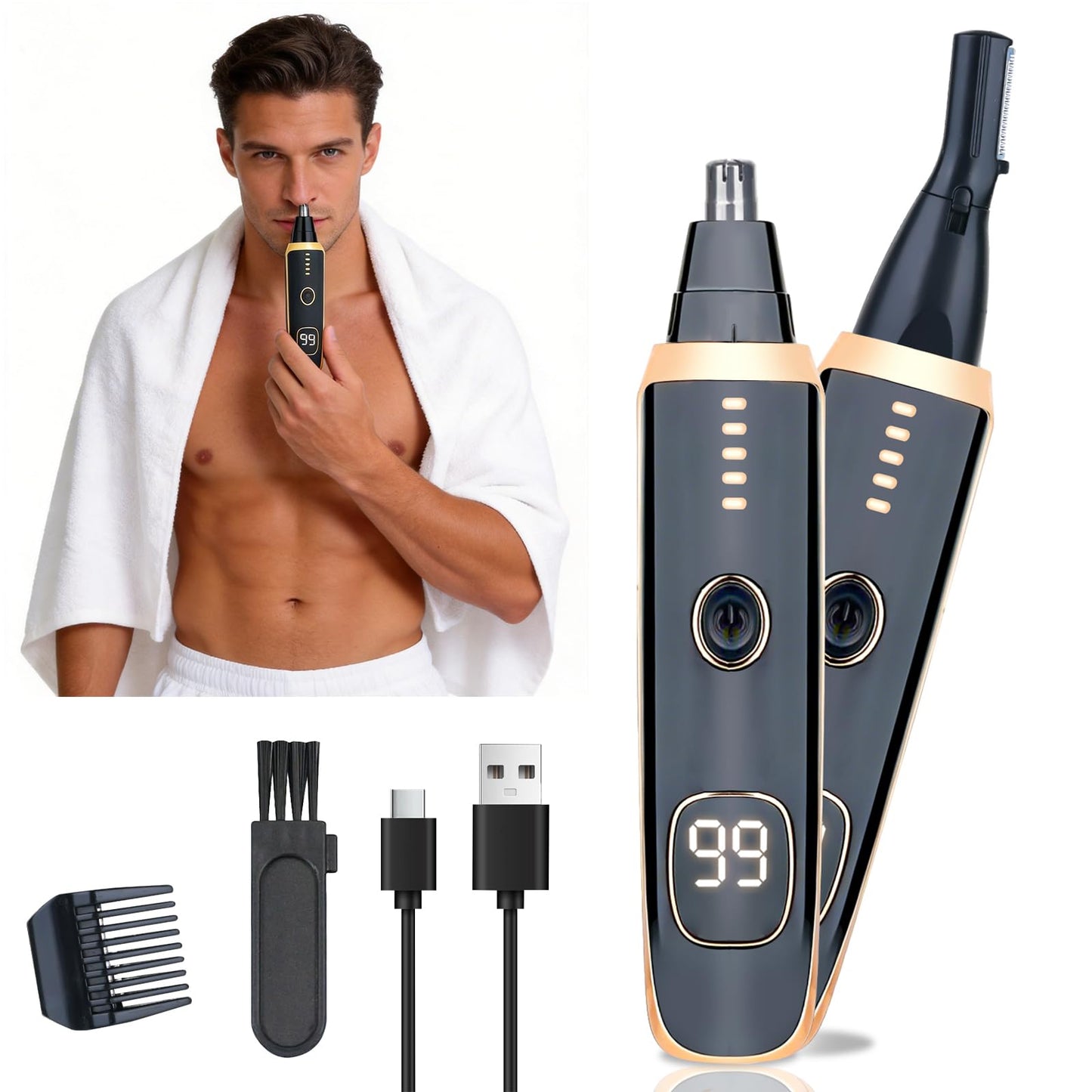 Mendaping Nose and Ear Hair Trimmer for Women Men,2 in 1 LED Display Eyebrow Hair Trimmer with USB Rechargeable,Portble Waterproof Facial Hair Removal with Dual-Edge Blades for Travel (Black Gold)