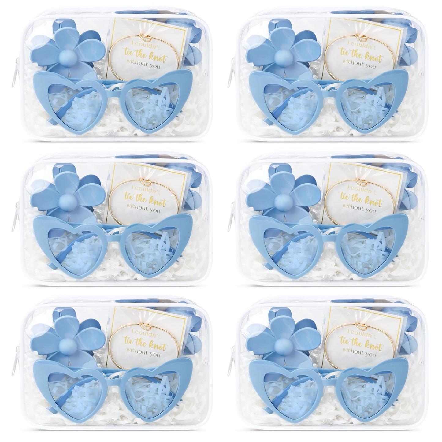 DEEKA 30 Pcs Bridesmaid Proposal Bag Set Gift Clear Makeup Toiletry Bag Bachelorette Party Favors Sunglasses Flower Claw Clips Scrunchies Knot Bracelets Bridal Wedding Party Gifts (Blue)