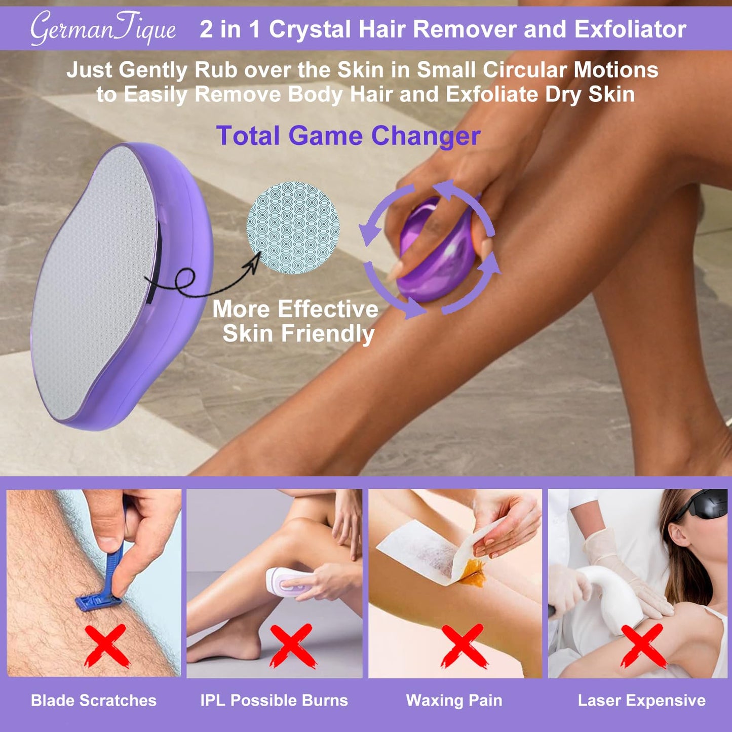 Germantique Crystal Hair Eraser,Natural Crystal Hair Remover,Reusable Painless Nano Glass Hair Removal Device Without Shaver,Gentle Crystal Epilator and Exfoliator for Soft Silky Skin(Light Pink)