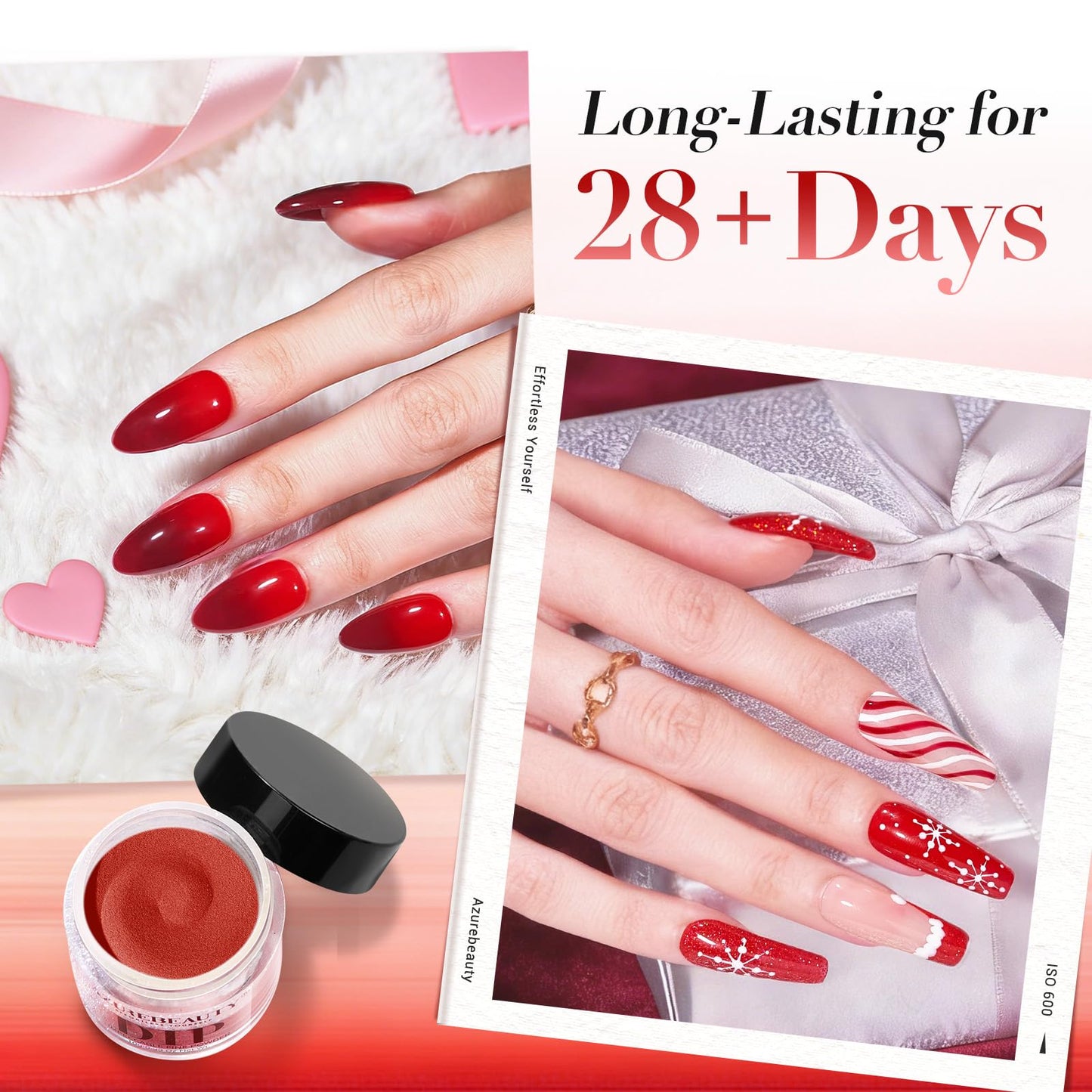 AZUREBEAUTY Dip Powder Nail Set, Red Burgundy Rose Berry Sparkle White Silver Glitter, 6 Colors Valentine's Day Dipping Powder Starter Kit French Nail Art Manicure DIY Salon, No Need Nail Lamp Cured