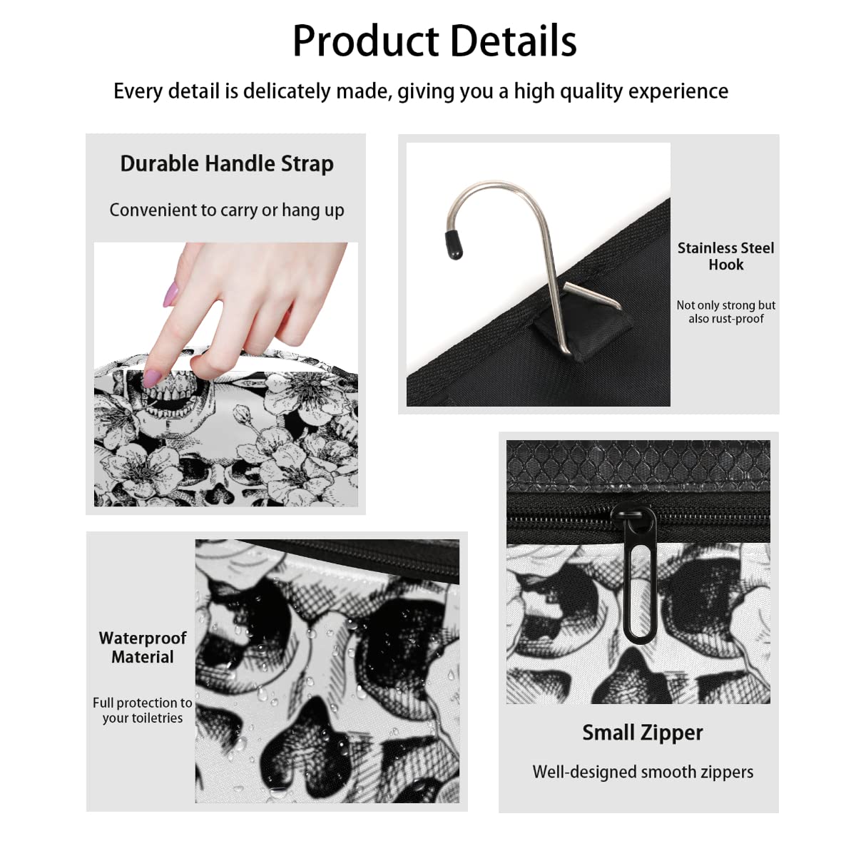 lakefvgk Sugar Skull Blossom Flowers Print Hanging Toiletry Bag Travel Bag with Hanging Hook Large Capacity Portable Cosmetic Bag Travel Organizer Toiletry Kit for Woman Man