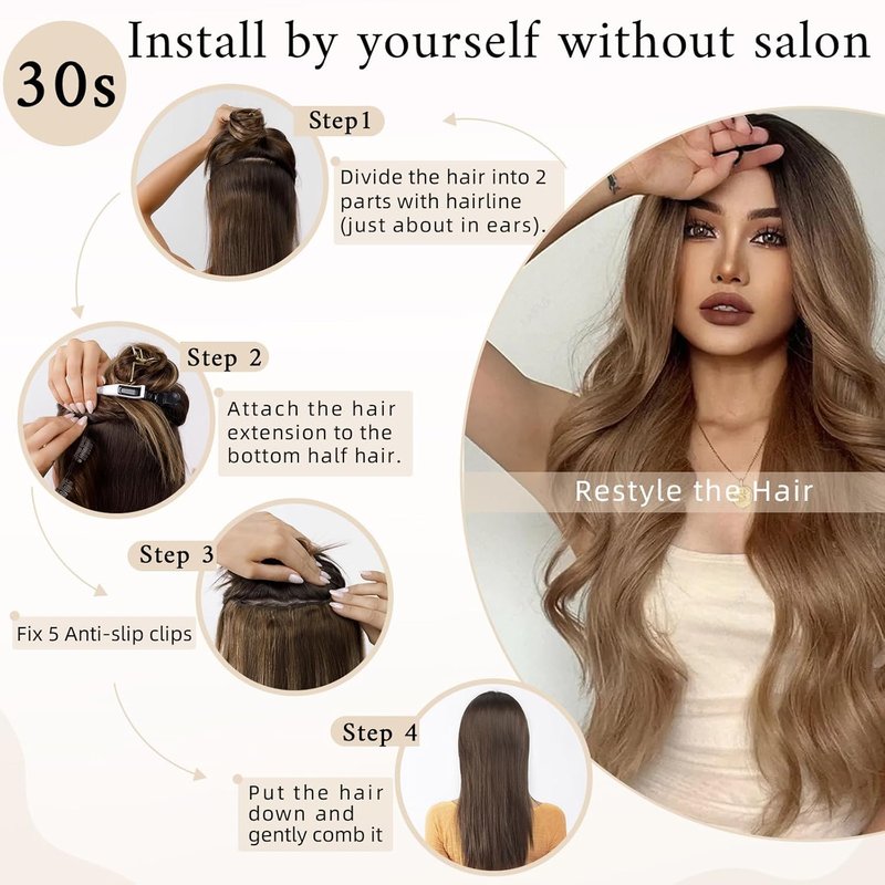 SEGO One Piece Clip in Extensions, 5 Clips Real Human Hair Extensions, Long Straight, 20 inches, #02 Dark Brown