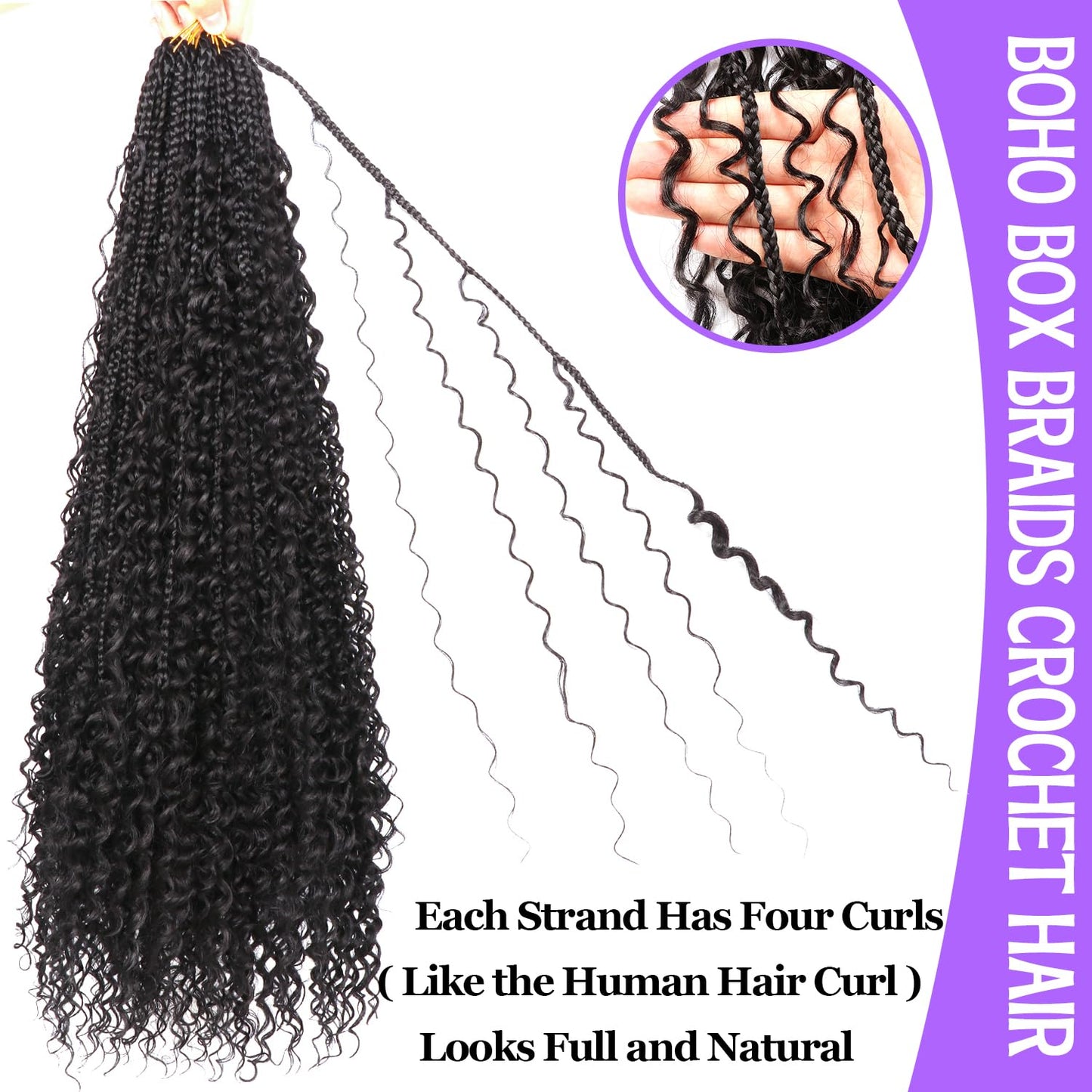Goddess Box Braids Crochet Hair for Black Women-8 Packs 30 Inch Boho Crochet Braids Pre Looped with Curly Ends (1B Black, 30 inch(four curly hair))