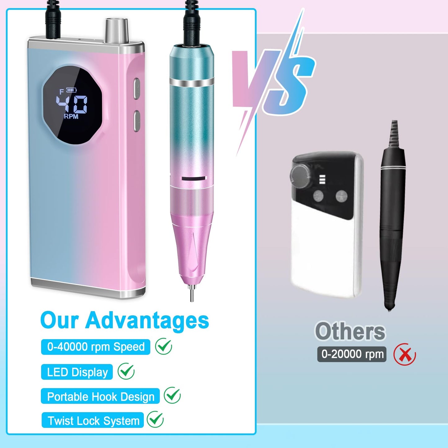 Nail Drill Professional 40000RPM for Acrylic Nails, Nail Drill Portable Electric Nail Drill for Nail Manicure, Nail Drill Rechargeable High Capacity for Salon and Home Use (Pink-Blue)