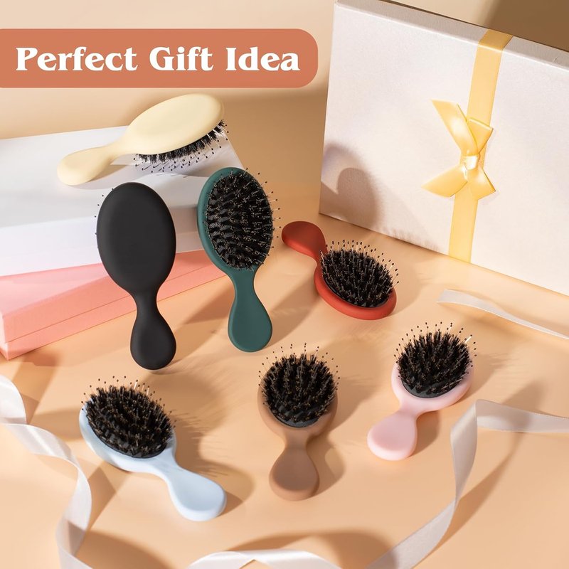 Mini Boar Bristle Hair Brush - Small Boar & Nylon Brush for Women & Kids | Travel Size for Long & Short Hair, Black