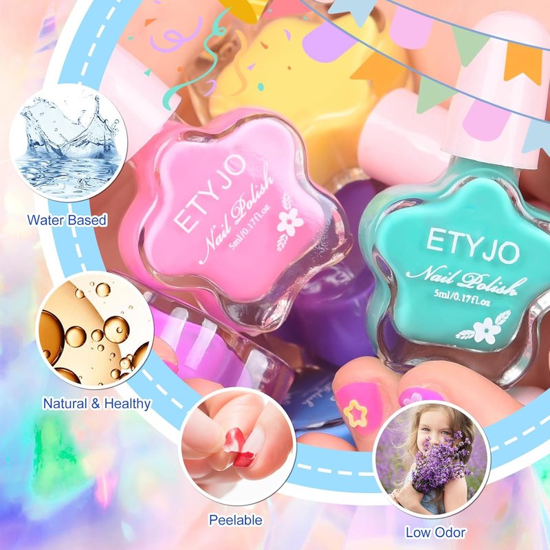 Kids Non-Toxic Nail Polish Set - Water-Based Peel Off Quick Dry 6 Colors | Perfect Birthday Gift for Ages 3+
