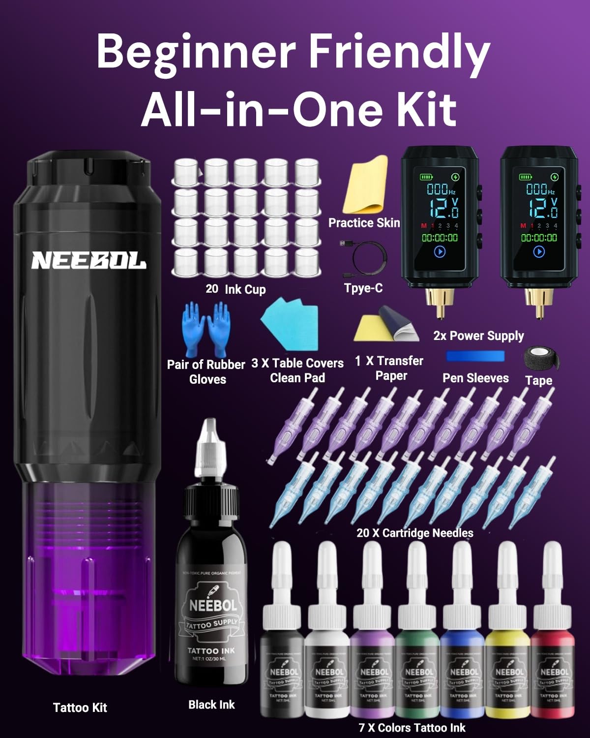 2 PCS 1600mAh Tattoo Batteries Tattoo Gun Kit - Wireless Tattoo Machine Kit, 20 Tattoo Cartridge Needles, Tattoo Ink Set, Full Tattoo Supplies for Beginners and Artists, Purple