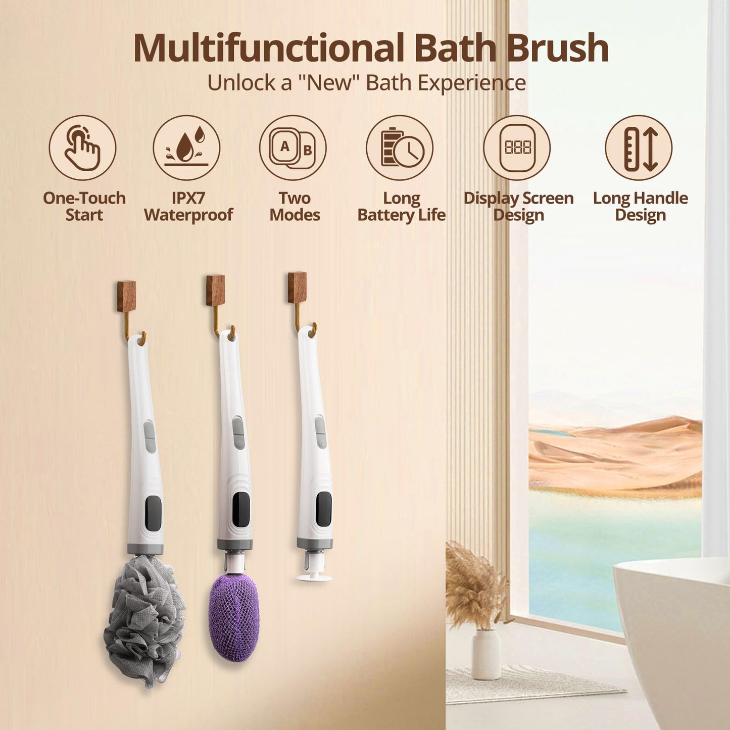 Electric Back Scrubber for Shower Waterproof Exfoliating Body Scrubber with 3 Replacement Heads & 2 Speed Modes for Skin Cleansing Massage Exfoliating Foot Callus Remover