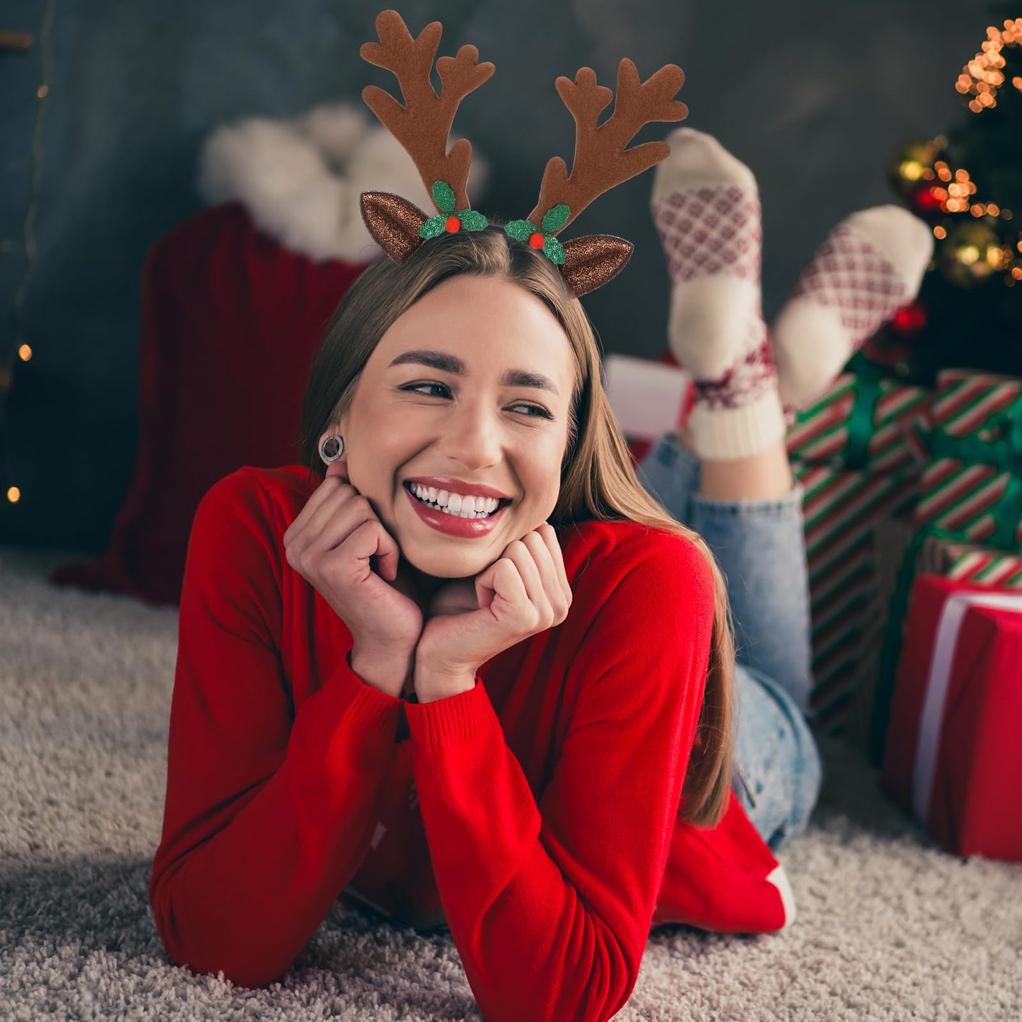 Riceshoot 24 Pcs Christmas Antler Headband Reindeer Headband Deer Plush Ear Antler Hair Hoop Beauty Accessory for Xmas Party(Dark Brown Style)