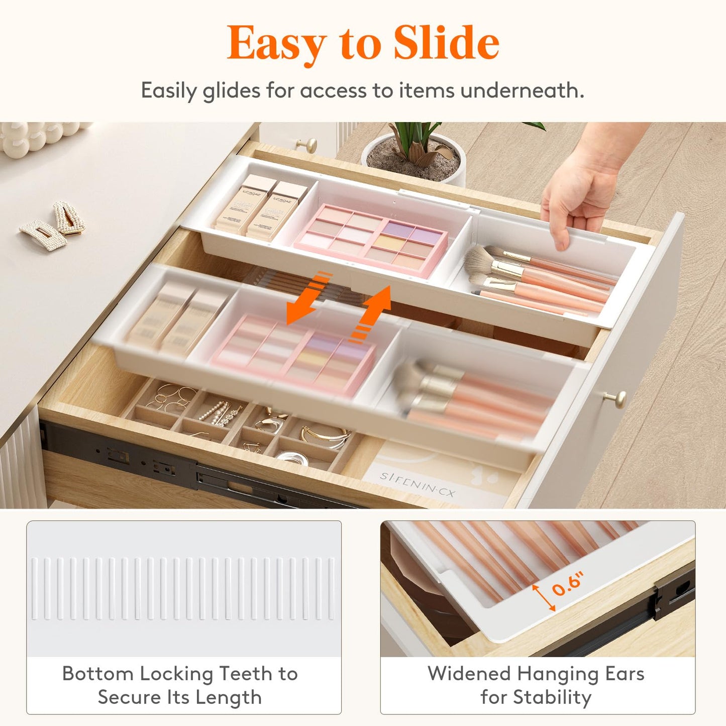 Lifewit Sliding Makeup Drawer Organizer, Fits 13-20" Deep Drawers, Extendable Hanging Divider, 1.8" High Plastic Tray for Vanity, Office, Kitchen, Translucent, 2Pcs