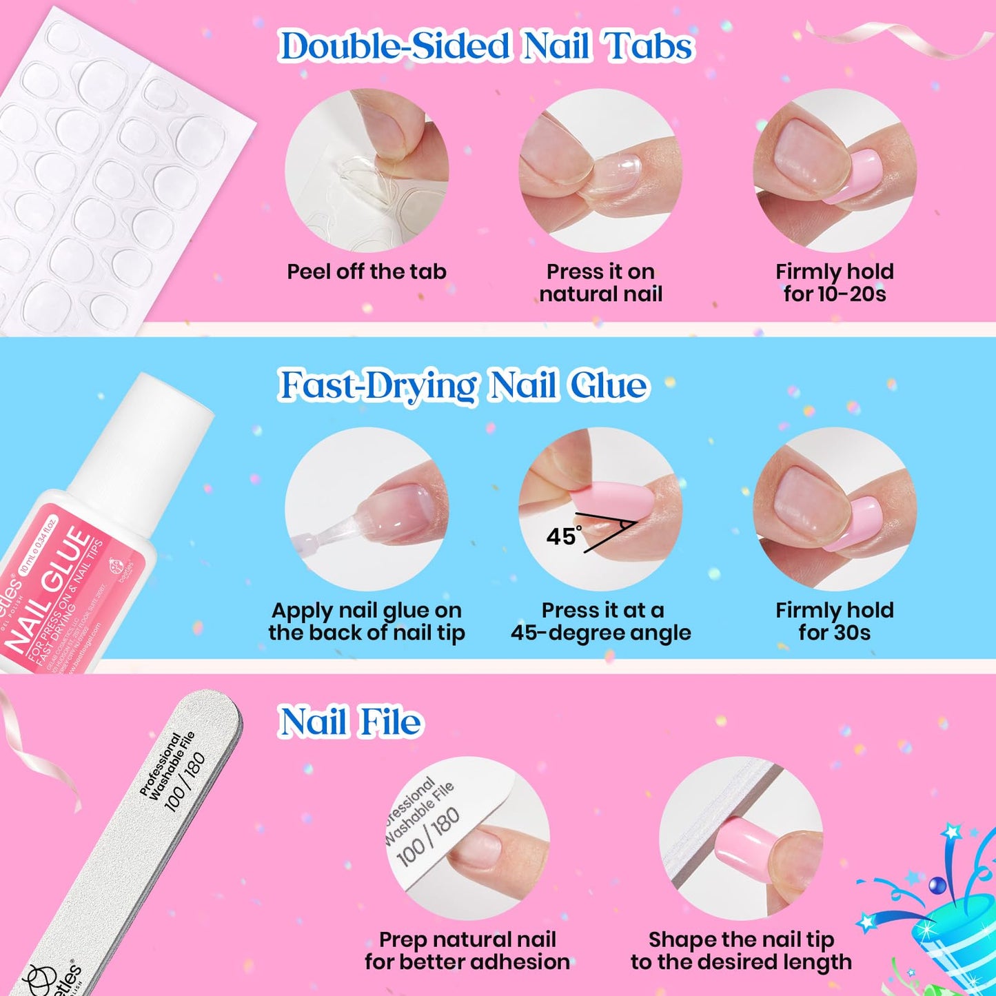 Beetles Press on Nails Kit 720Pcs 24 Colors, Short Almond Press on Nail Glossy Matte Glitter with Nail Glue & Nail Tabs Stickers, Natural Fit Lightweight Fake Nails Kit Art for Women Girls