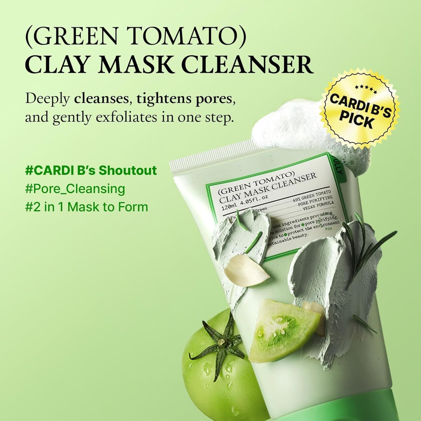 FULLY Green Tomato Pore Cleanser, Cardi B’s Clay Mask Cleanser for Deep Pore Cleanse & Pore Minimizer, Blackhead & Sebum Control, Gentle Face Wash for Women, Korean Skincare
