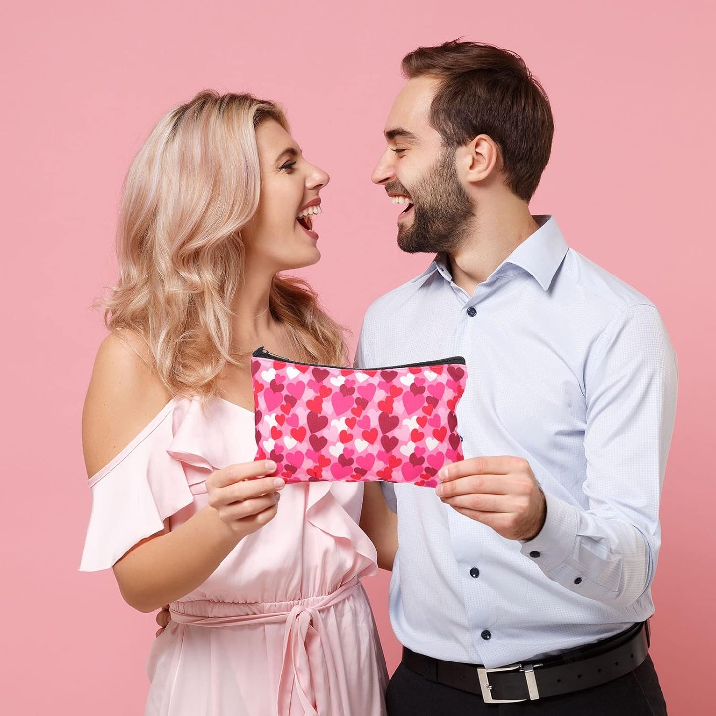 Reginary 14 Pcs Valentine Makeup Bag Set - Heart Cosmetic Bags for Women | Pink & Red Travel Pouches with Zipper