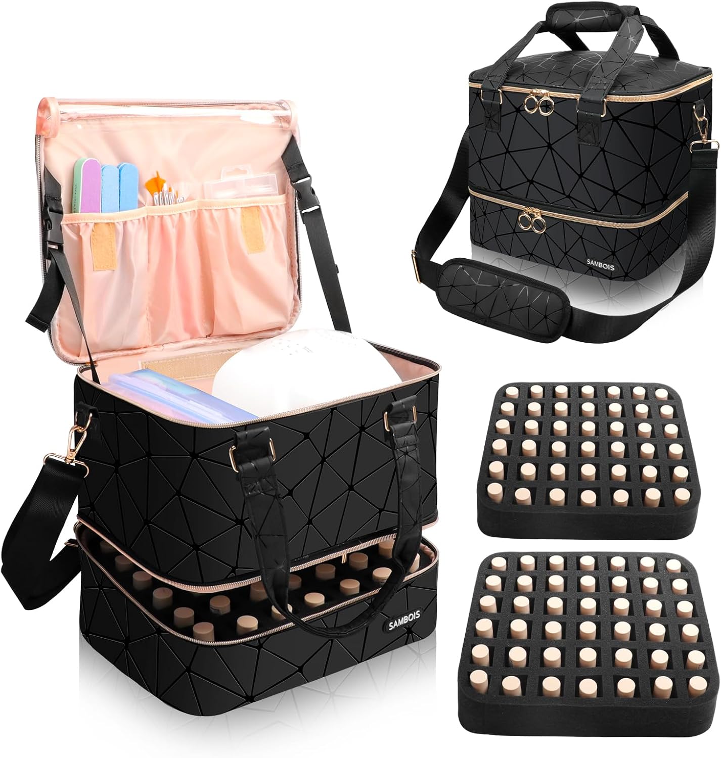 Nail Polish Organizer Bag - Holds 84 Bottles & Nail Lamp | PU Leather Travel Case (Black)
