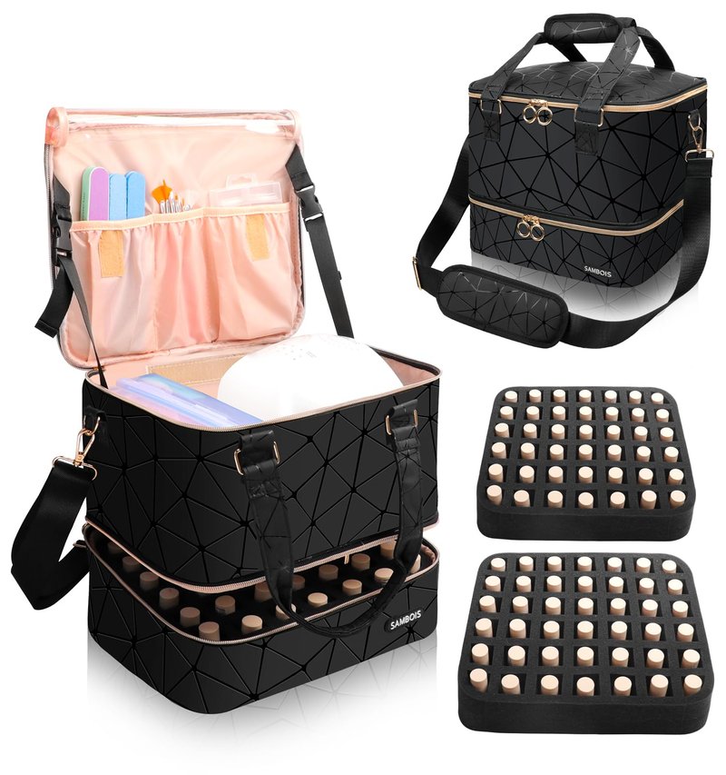 Sambois Nail Polish Organizer Bag Holds 84 Bottles (15ml/0.5 fl.oz)& Nail Lamp, PU Leather Nail Supplies Organizer with Holder& Shoulder Strap, Portable Travel Nail Kit Storage Carrying Case (Black)