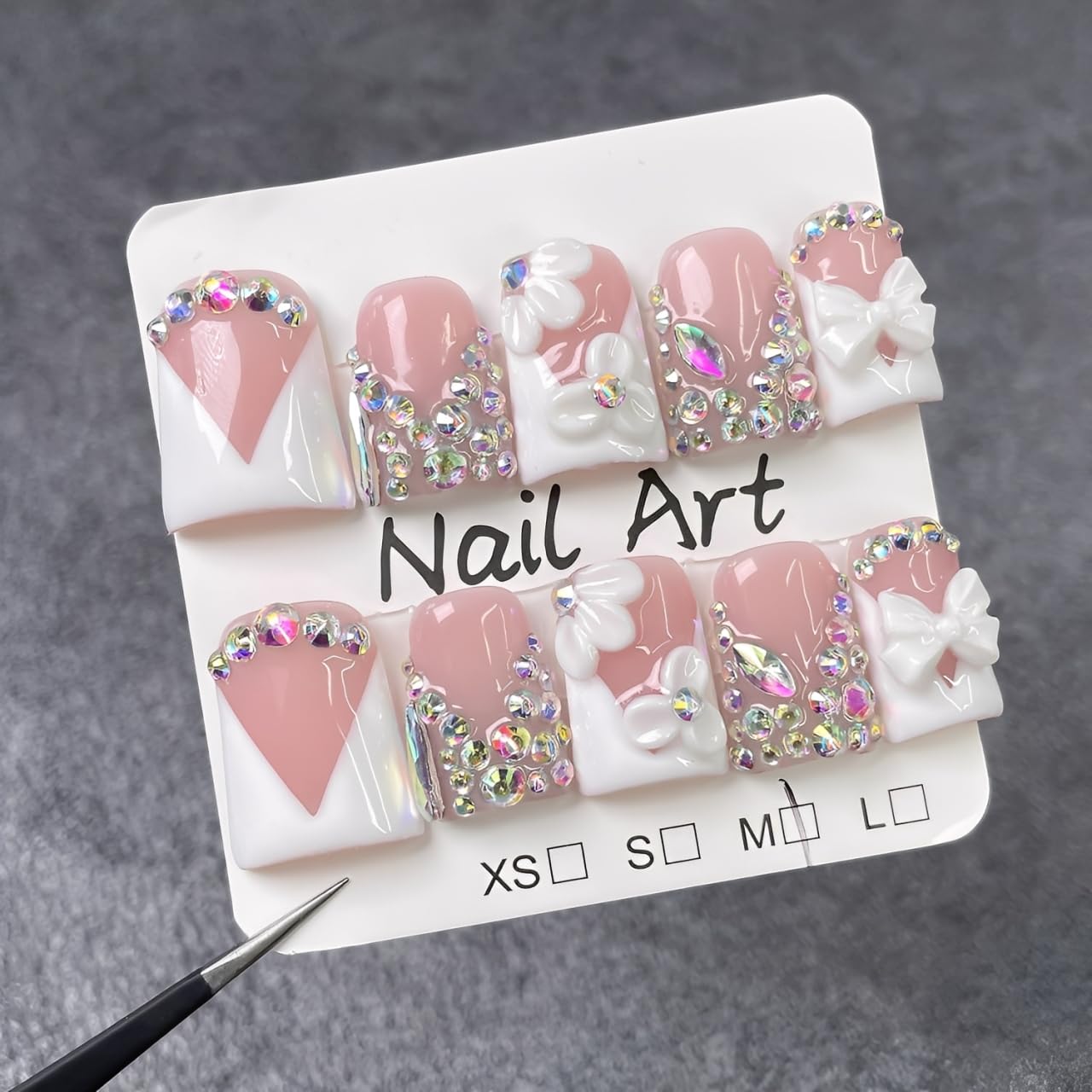 Handmade Press on Nails Rhinestone French Tip Fake Nails Muti-Layer Gel Short Duck False Nail with Luxury 3D White Flower Bow Design Full Cover Thicked Acrylic Nail Stick on Nail for Women (M)