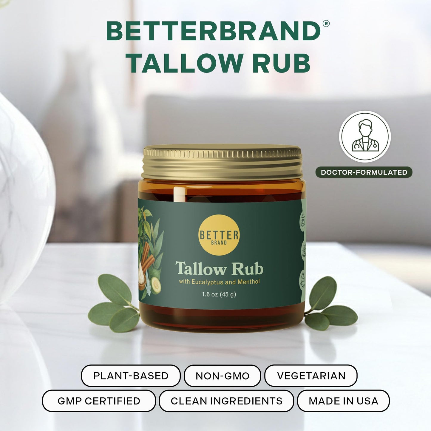 Betterbrand Petroleum-Free Medicated Tallow Rub – Natural Vapor Rub Alternative with Menthol & Eucalyptus - Grass-Fed Tallow Balm for Chest Congestion Relief - 1.6oz
