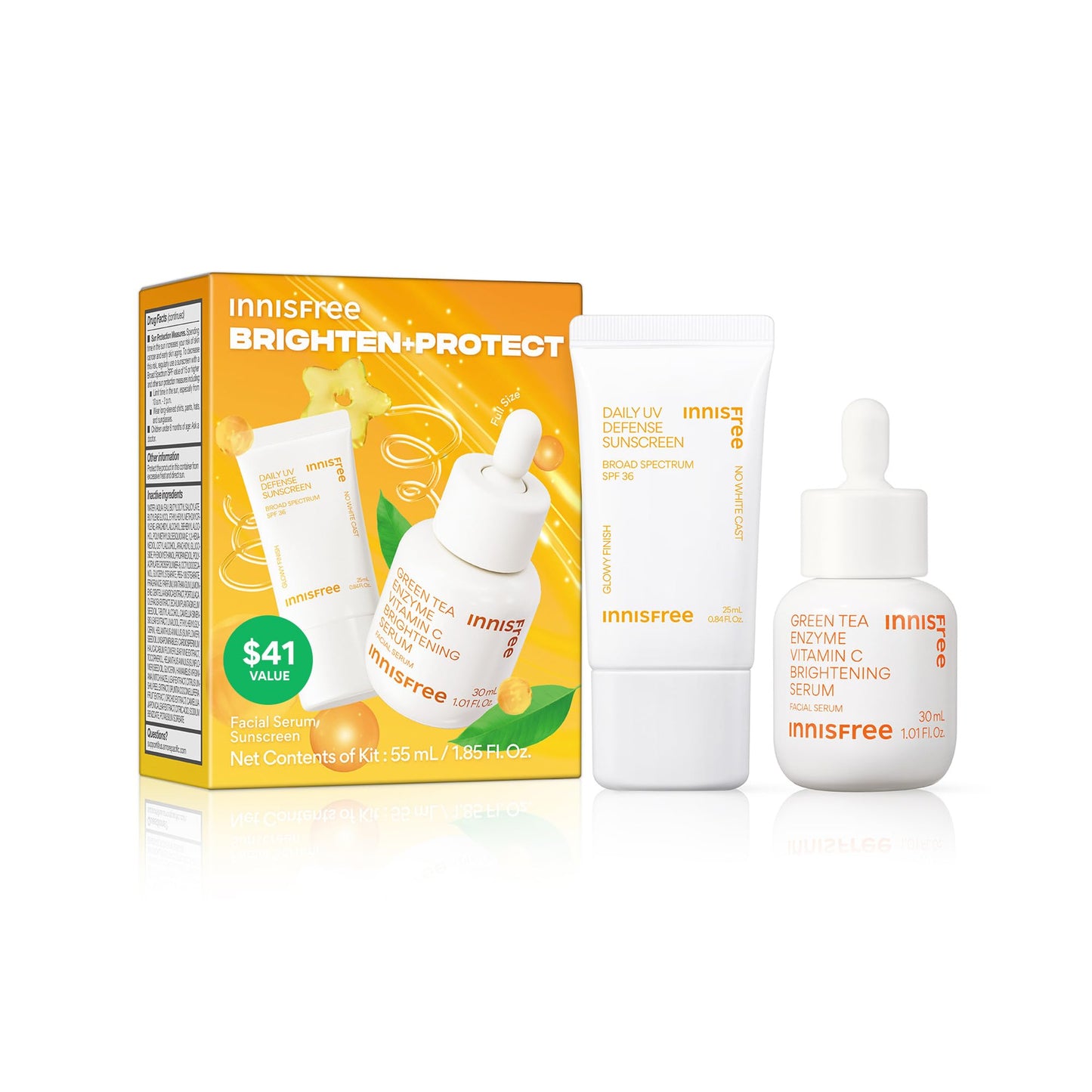 Innisfree Brighten + Protect Set | Korean Skincare Set with Lightweight Broad Spectrum SPF 36 and Brightening Vitamin C Serum for Glow and Dark Spots